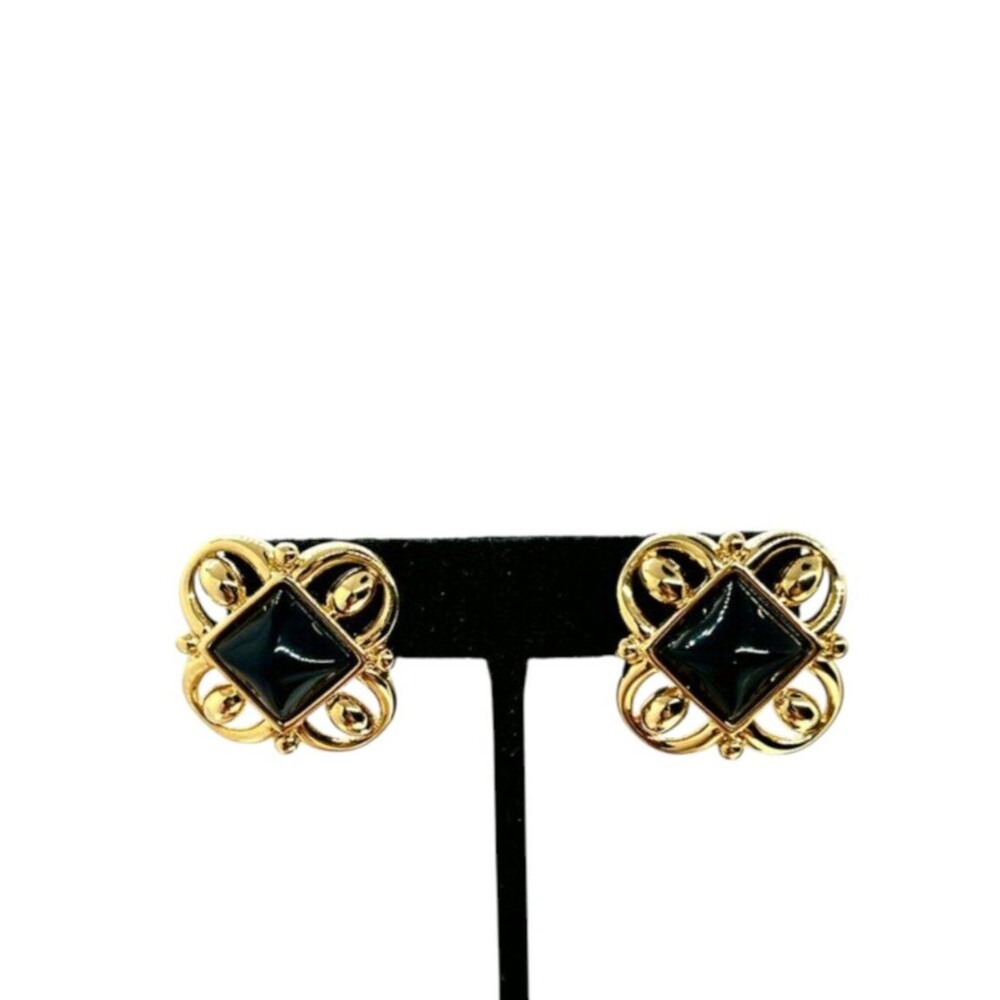 VINTAGE MONET EARRINGS 80s Gold Tone Black Square Ornate Stud Pierced Cross